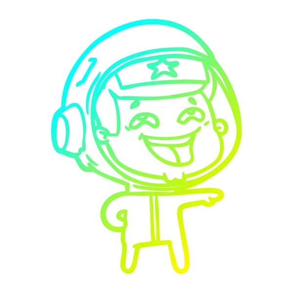 Línea de gradiente frío dibujo dibujos animados riendo astronauta — Vector de stock