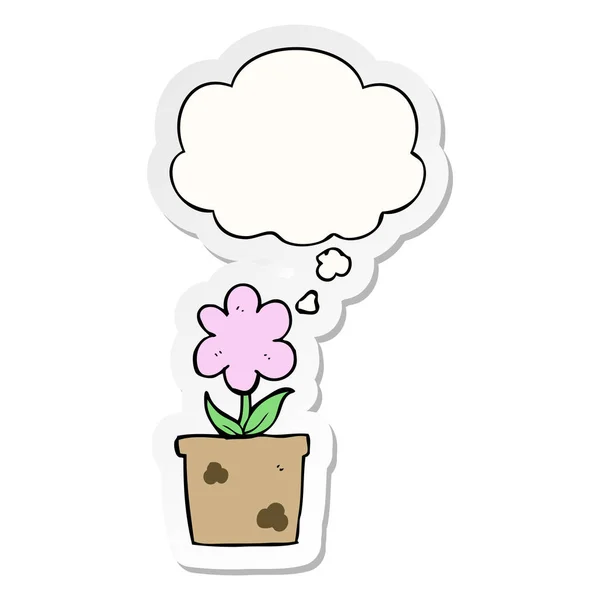 Drăguț floare de desene animate și bule de gândire ca un autocolant imprimat — Vector de stoc