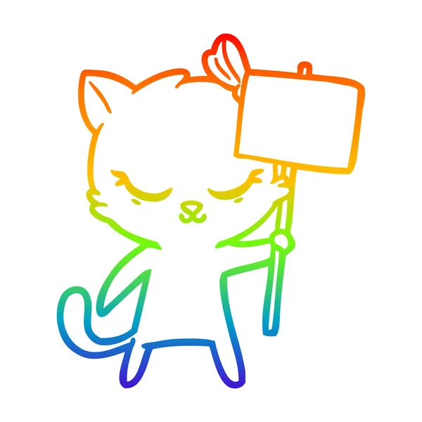 Ουράνιο τόξο γραμμή διαβάθμισης σχέδιο χαριτωμένο γάτα κινουμένων σχεδίων με πινακίδα — Διανυσματικό Αρχείο