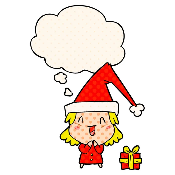 Fille de dessin animé portant chapeau de Noël et bulle de pensée dans la bande dessinée b — Image vectorielle