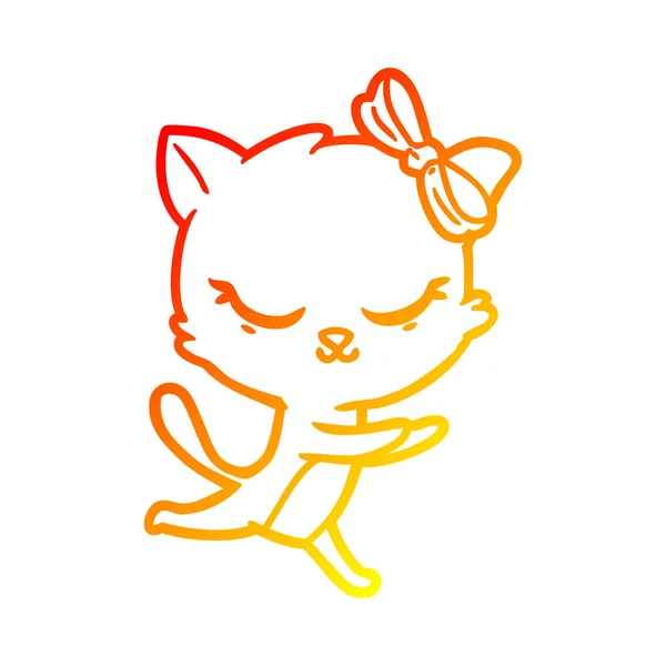 Varm gradient linje ritning söt tecknad katt med båge — Stock vektor