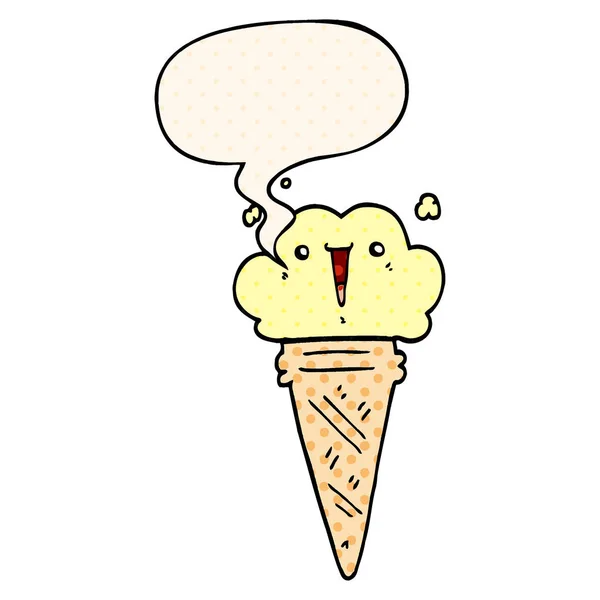 Helado de dibujos animados y burbuja de la cara y el habla en el estilo de cómic — Vector de stock