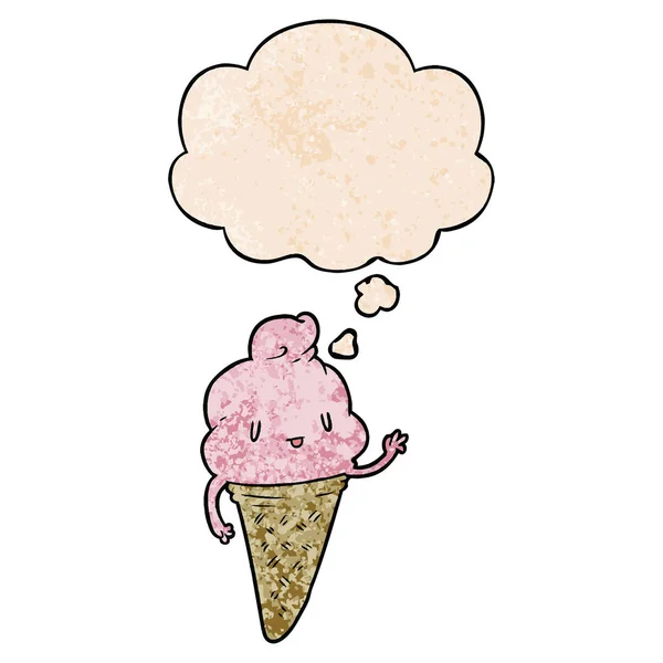 Lindo helado de dibujos animados y burbuja de pensamiento en textura grunge patt — Vector de stock