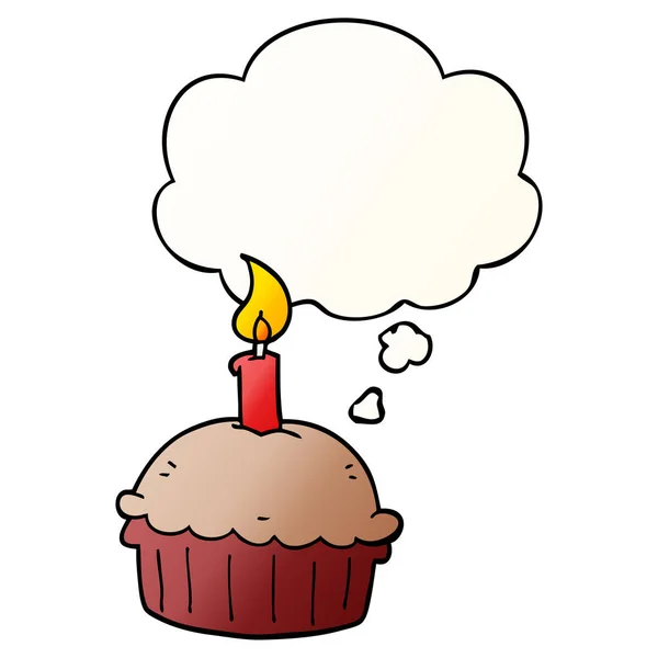 Cartoon urodziny Cupcake i myśli bańka w gładkie gradient s — Wektor stockowy
