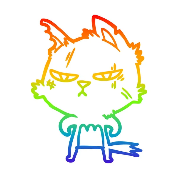 Rainbow gradient ligne dessin dur dessin animé chat — Image vectorielle