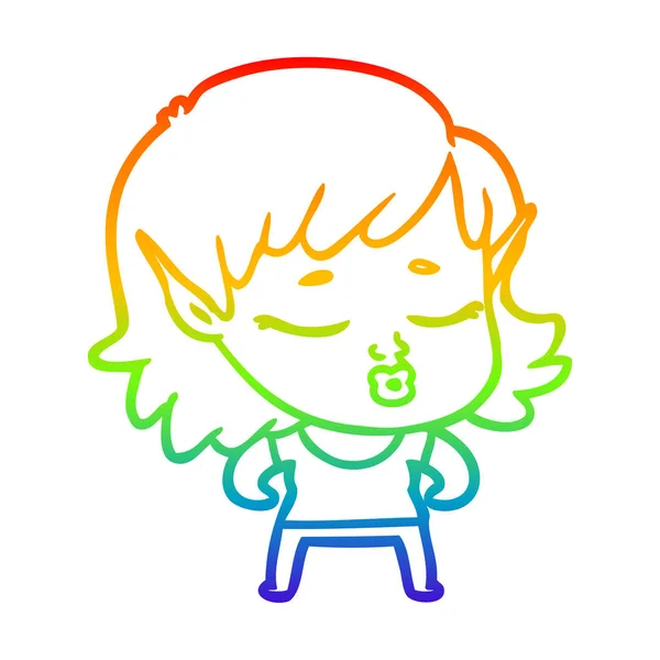 Rainbow gradient linje ritning ganska tecknad elf flicka — Stock vektor