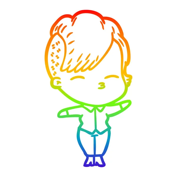Rainbow gradient line drawing cartoon squinting girl — Stock Vector