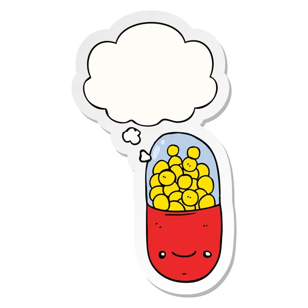 Cartoon pill and thought bubble as a printed sticker — Stock Vector