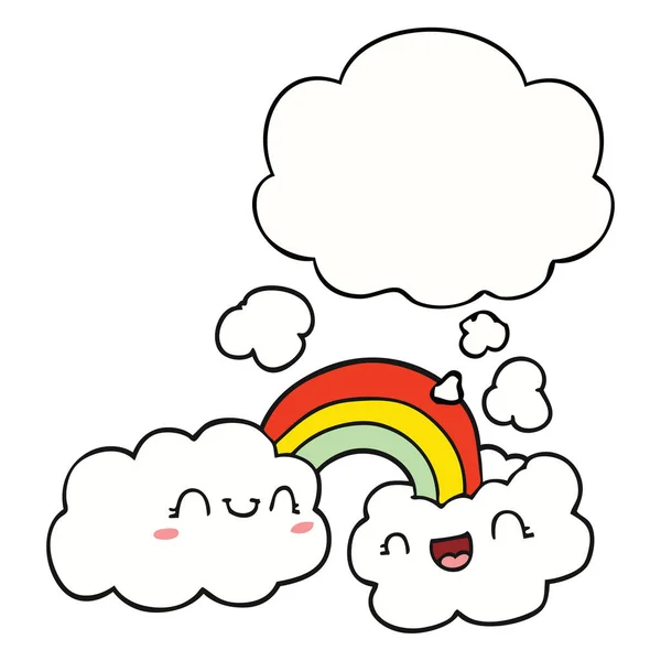 Happy cartoon clouds and rainbow and thought bubble — Stock Vector