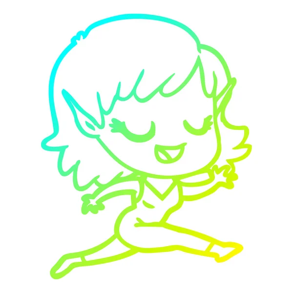 Froid dégradé ligne dessin heureux dessin animé elfe fille courir — Image vectorielle