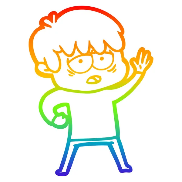Regenboog gradiënt lijntekening cartoon uitgeput jongen — Stockvector
