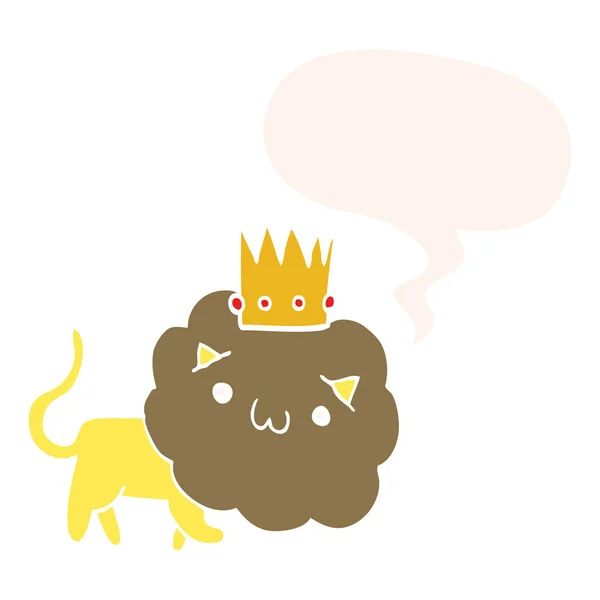Cartoon Leeuw en kroon en toespraak bubble in retro stijl — Stockvector