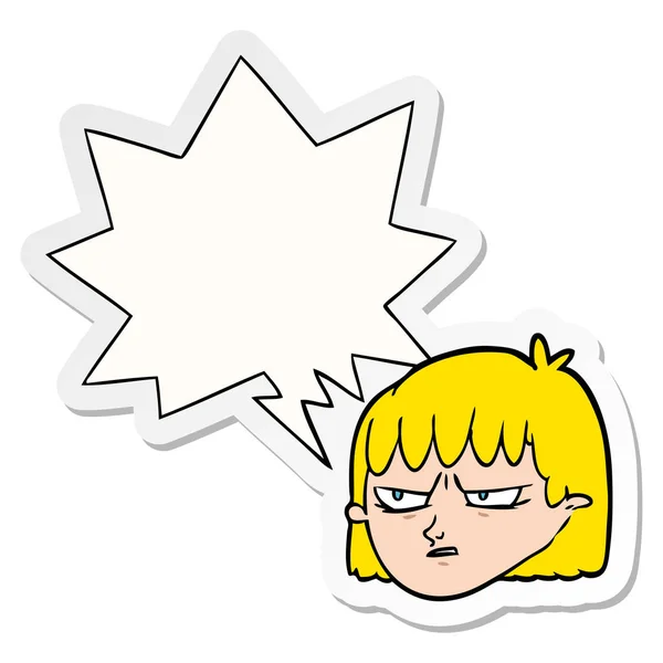 Karikatür kızgın kadın ve konuşma balonu etiket — Stok Vektör