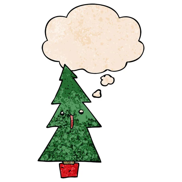 Árbol de Navidad de dibujos animados y burbuja de pensamiento en textura grunge patt — Vector de stock