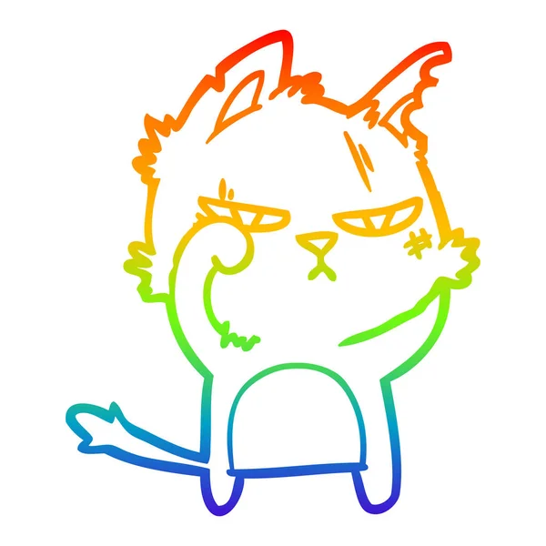 Rainbow gradient ligne dessin dur dessin animé chat — Image vectorielle