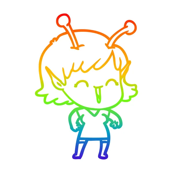 Rainbow gradient ligne dessin dessin animé alien fille rire — Image vectorielle