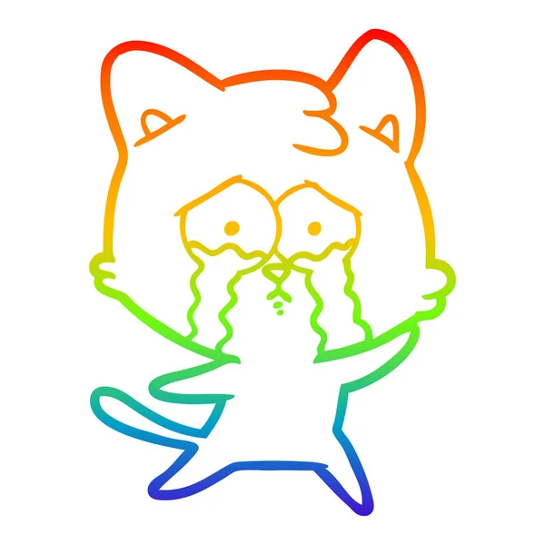 Rainbow gradient line drawing cartoon crying cat — Stock Vector