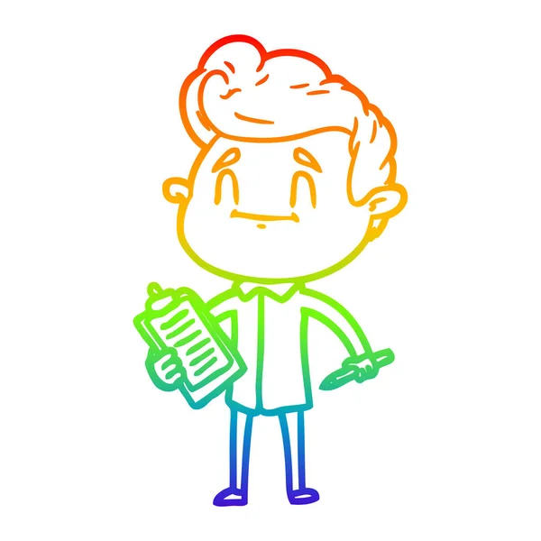 Arco-íris linha gradiente desenho feliz cartoon homem com caneta e cli —  Vetores de Stock