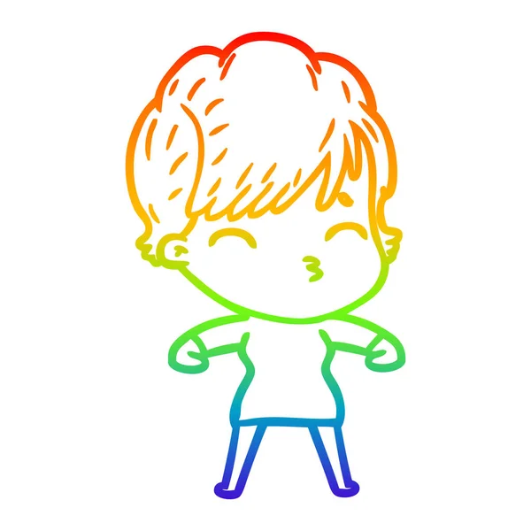 Regenboog gradiënt lijntekening cartoon vrouw denken — Stockvector