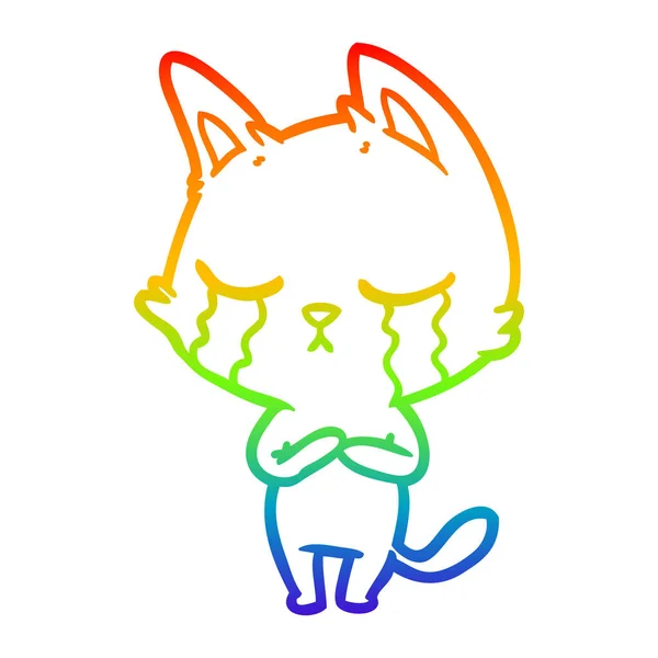 Regenbogen-Gradienten-Linie zeichnet weinende Karikatur-Katze — Stockvektor