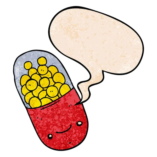 Cartoon pill and speech bubble in retro texture style — Stock Vector