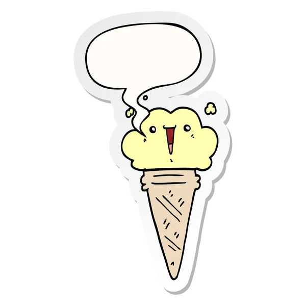 Desenho animado sorvete e rosto e adesivo bolha de fala — Vetor de Stock