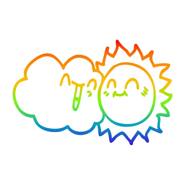Rainbow gradient ligne dessin dessin animé heureux soleil et nuage — Image vectorielle