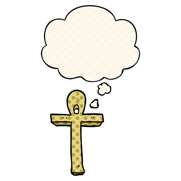 Symbole ankh dessin animé et bulle de pensée dans le style de bande dessinée — Image vectorielle