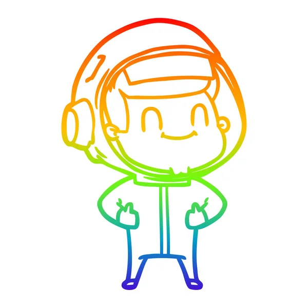 Regenbogen-Gradientenlinie zeichnet glücklichen Cartoon-Astronauten — Stockvektor