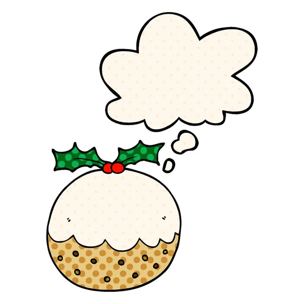 Pudding de Noël dessin animé et bulle de pensée dans le style de bande dessinée — Image vectorielle