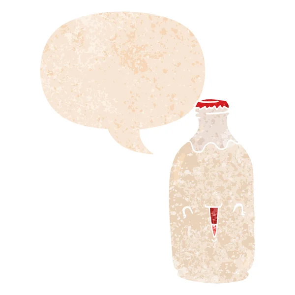 Linda botella de leche de dibujos animados y burbuja del habla en tetona texturizada retro — Vector de stock