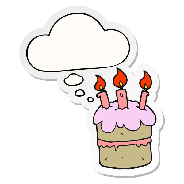 Kreslený narozeninový dort a myšlenková bublina jako tištěná nálepka — Stockový vektor