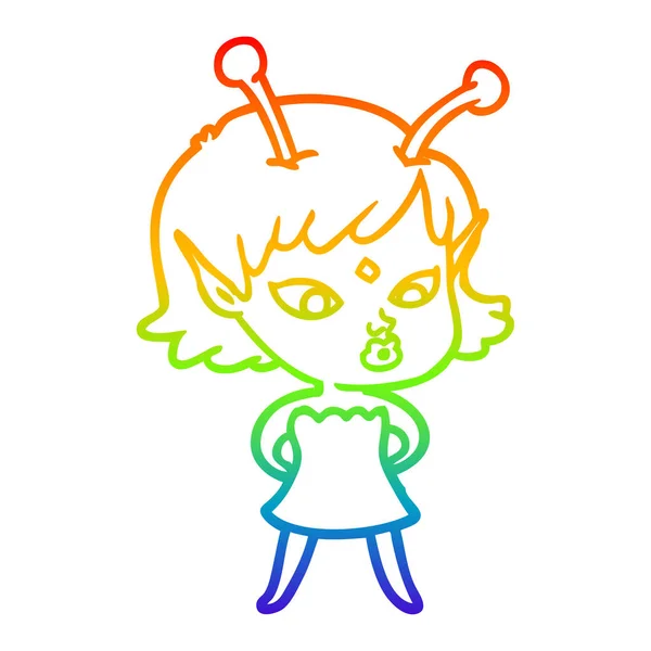 Rainbow gradient linje ritning ganska tecknad Alien Girl — Stock vektor