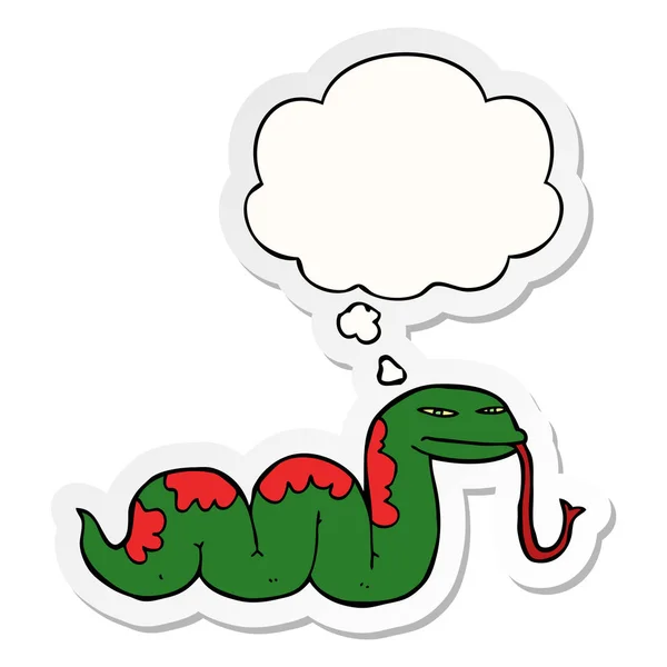 Cartoon slithering snake and thought bubble as a printed sticker — Stock Vector