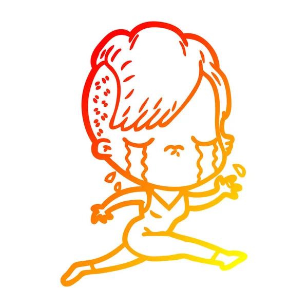 Čára teplého přechodu kresba kreslená plačící dívka běžící — Stockový vektor