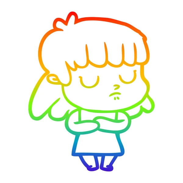 Rainbow gradient line drawing cartoon indifferent woman — Stock Vector