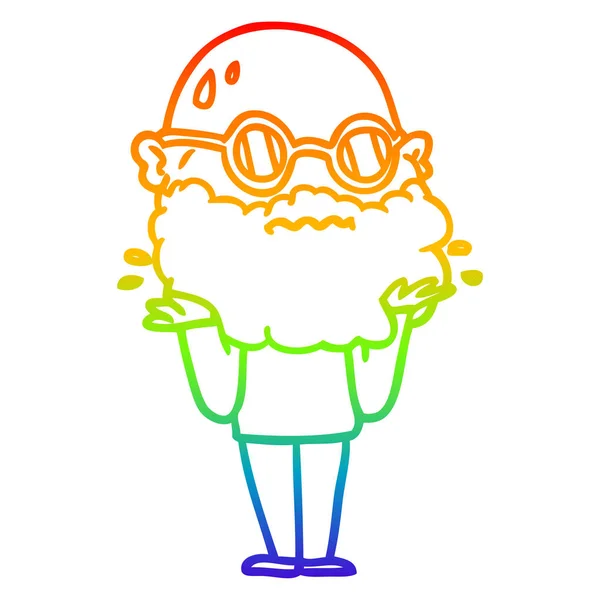 Rainbow gradient line drawing cartoon worried man with beard and — Stock Vector