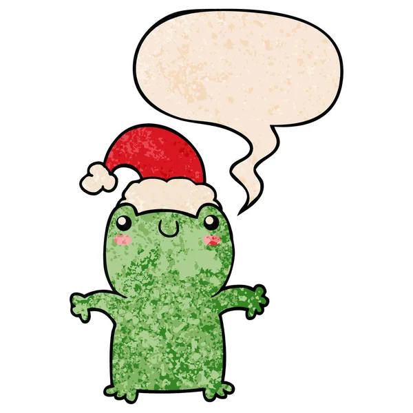 Netter Cartoon-Frosch mit Weihnachtsmütze und Sprechblase im Gesicht — Stockvektor