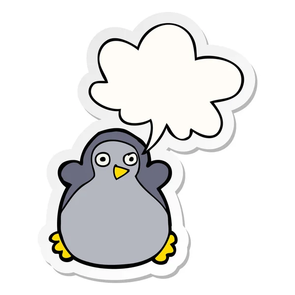 Pingüino de dibujos animados y pegatina de la burbuja del habla — Vector de stock