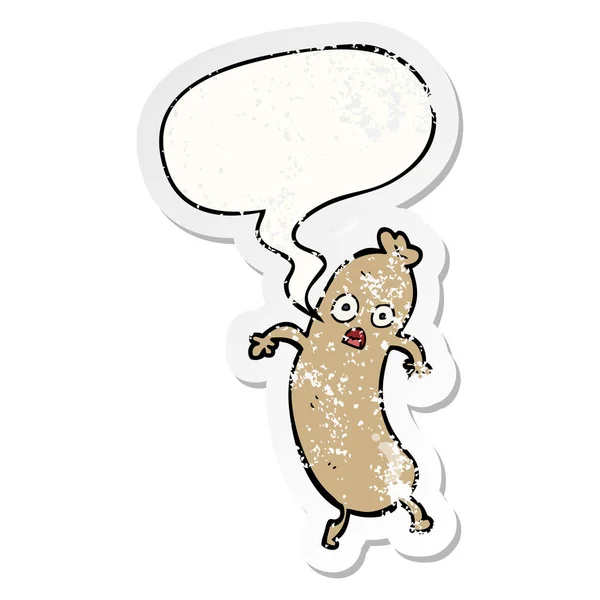 Cartoon sausage and speech bubble distressed sticker — Stock Vector
