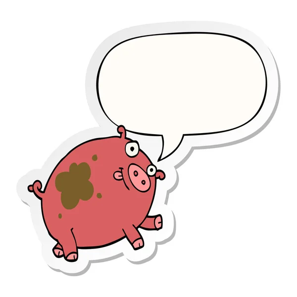 Dessin animé cochon et bulle de la parole autocollant — Image vectorielle