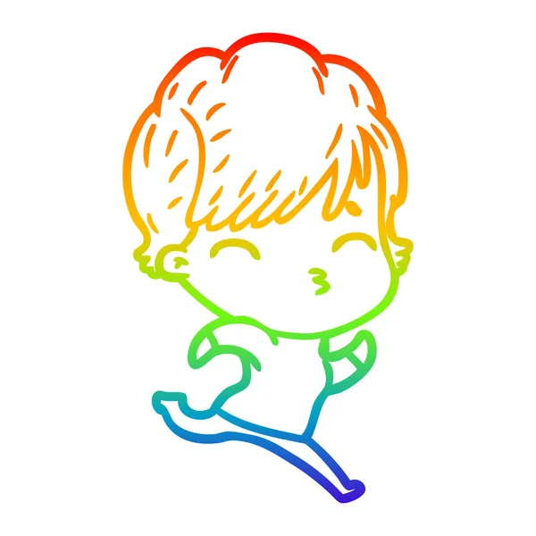 Rainbow gradient line drawing cartoon woman thinking — Stock Vector