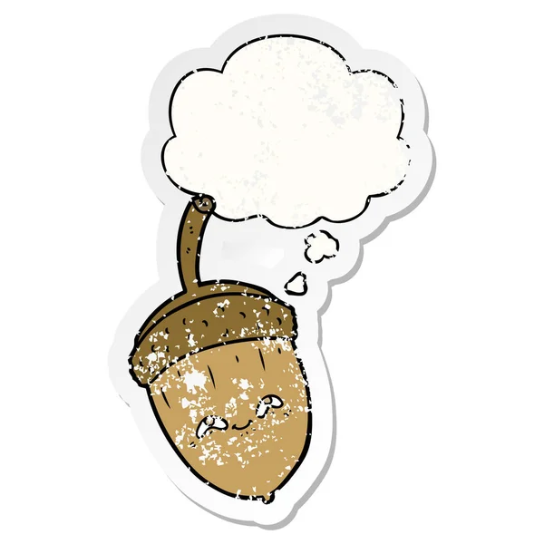 Cartoon Acorn en dacht Bubble als een verdrietig versleten sticker — Stockvector