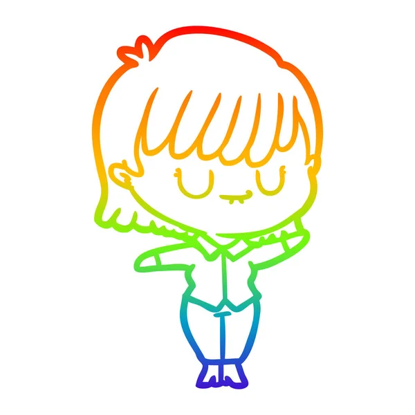 Rainbow gradient linje ritning tecknad kvinna — Stock vektor