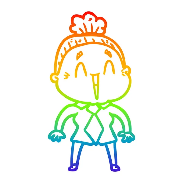 Regenboog gradiënt lijntekening cartoon gelukkig oude dame — Stockvector