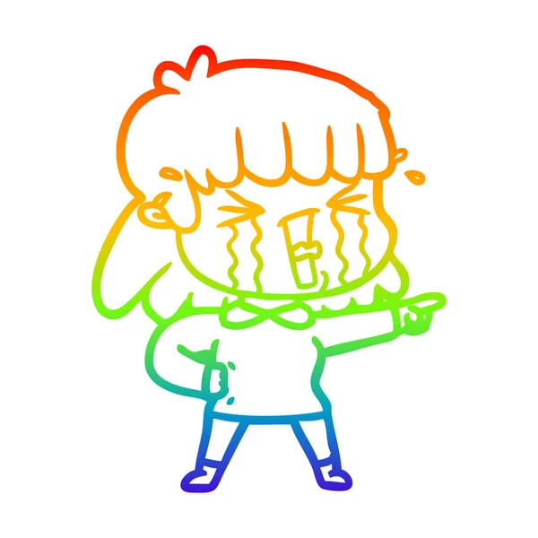 Regenboog gradiënt lijntekening cartoon vrouw in tranen — Stockvector