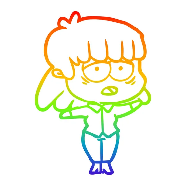 Rainbow gradient line drawing cartoon tired woman — Stock Vector