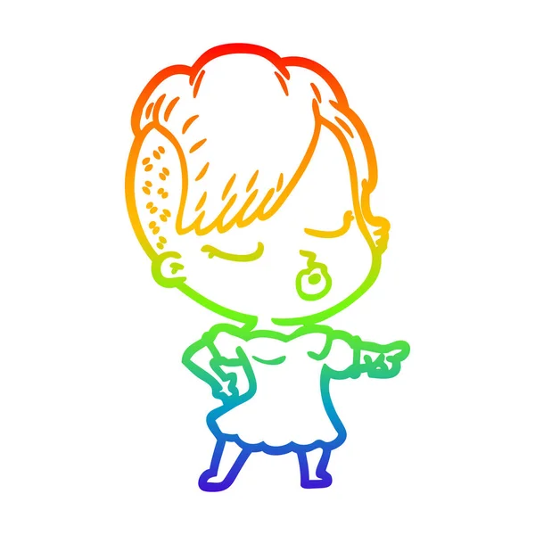 Linea gradiente arcobaleno disegno cartone animato bella ragazza hipster — Vettoriale Stock