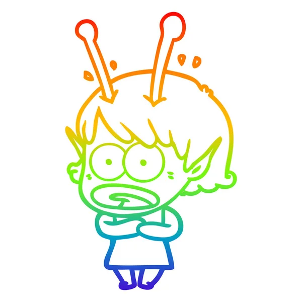 Rainbow gradient line drawing cartoon shocked alien girl — Stock Vector