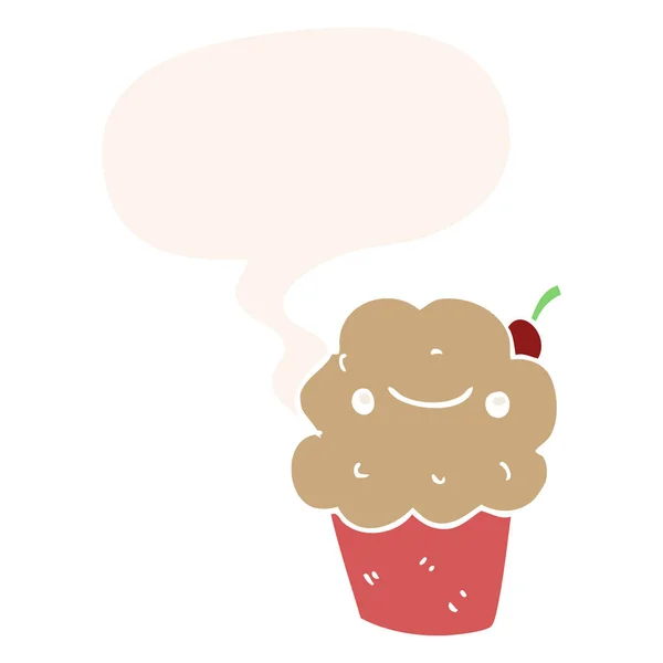 Cupcake de dibujos animados y burbuja del habla en estilo retro — Vector de stock